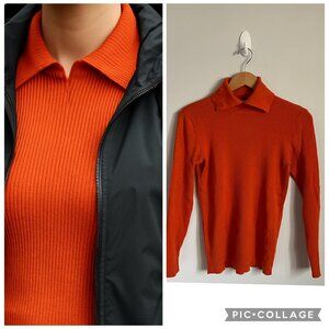 VTG 100% Wool Ribbed Johnny Collar Mock Neck Orange Hiking Base Layer w flaws